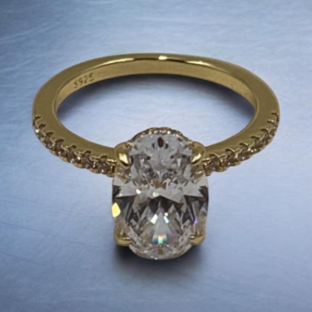 925 Sterling Silver/Vermeil Size 7.5 CZ Ring 3.85g Elegant Gold Diamond Ring